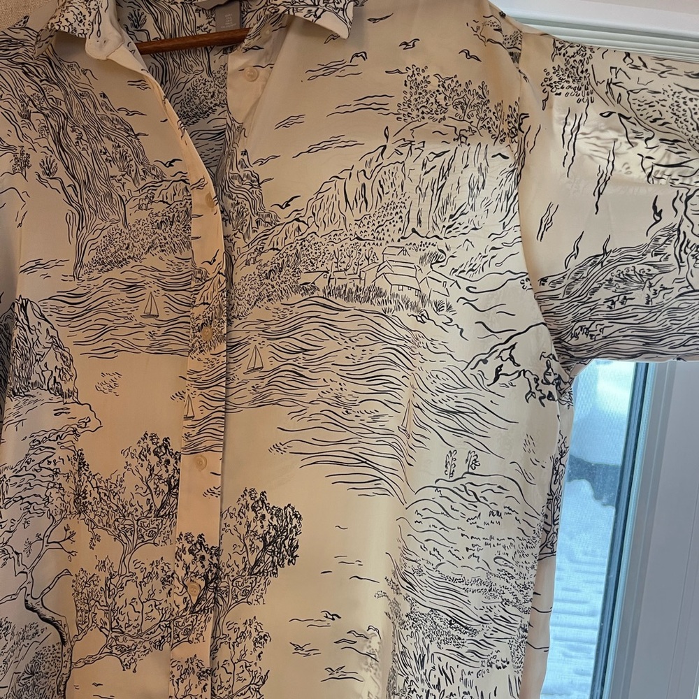 H&M Cream and Blue (a flowy and light silky satin feel) Scenic Button Down Shirt - Picture 7 of 9